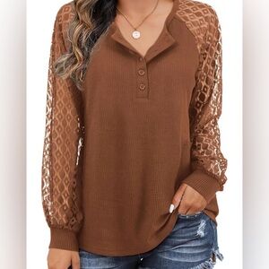 New Women Waffle Knit Blouse Lace Long Sleeve.